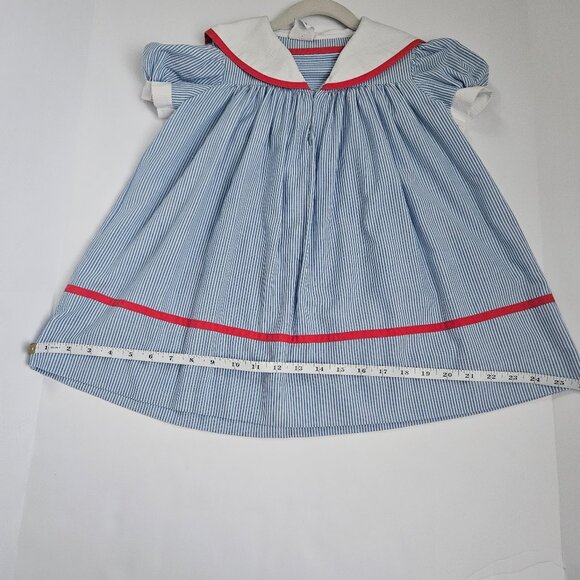 VTG Youngland Nautical Sailor Seersucker Dress Blue & White with Red Trim - Picture 14 of 15